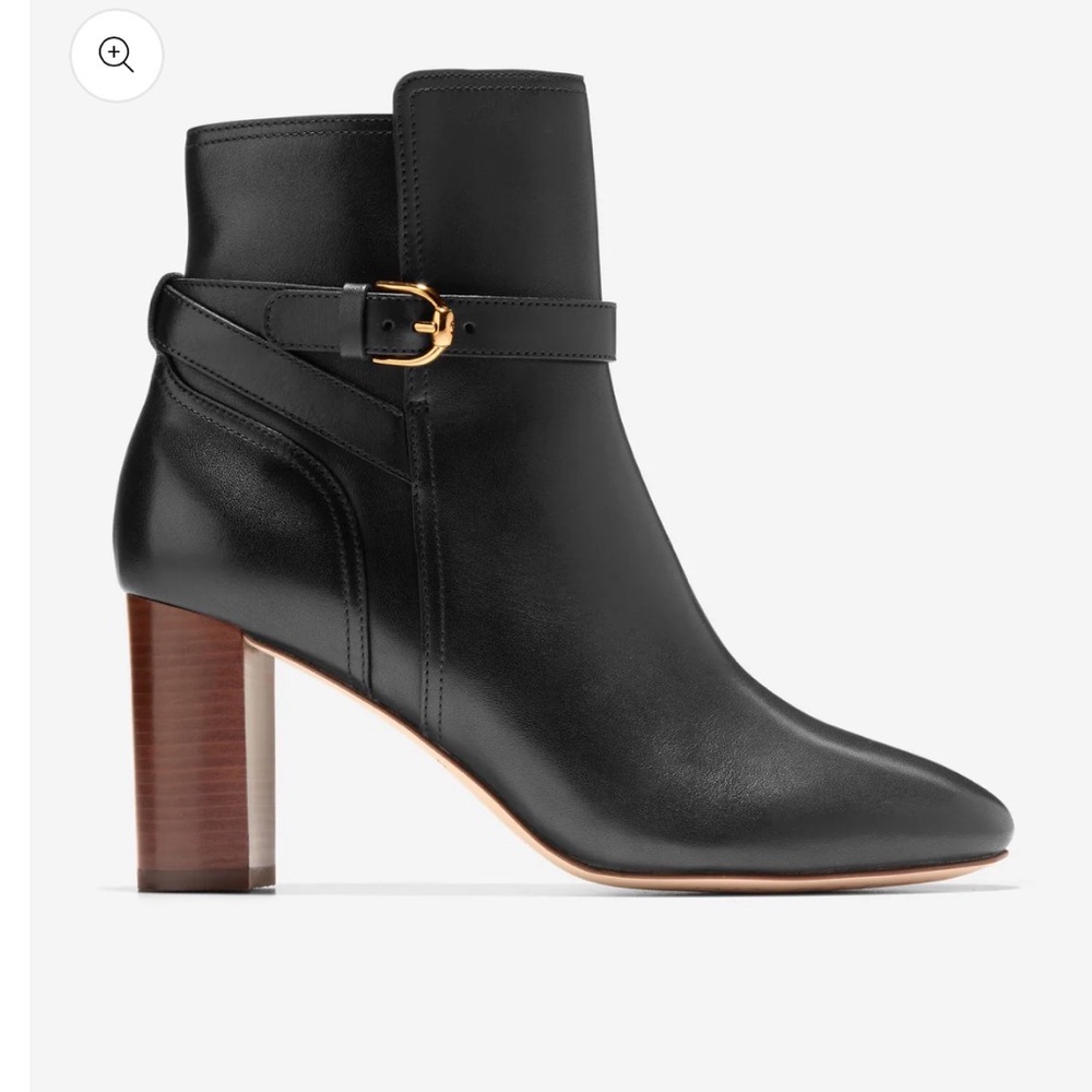 Women’s Cole Haan Glendale Buckle Black Leather Ankle Boot with stack Block Heel